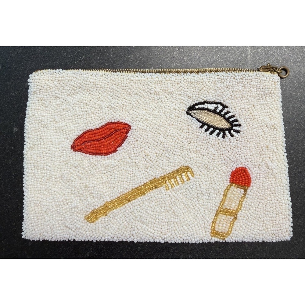 Vtg Beaded Cosmetic Pouch Bag White Seed Beads Eye Lips Toothbrush Lipstick 4x6"